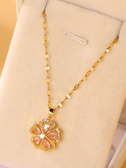 Elegant Glam Luxurious Flower Stainless Steel Plating Hollow Out Inlay Zircon 18k Gold Plated Pendant Necklace