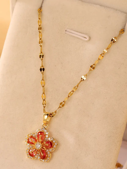 Elegant Glam Luxurious Flower Stainless Steel Plating Inlay Zircon 18k Gold Plated Pendant Necklace