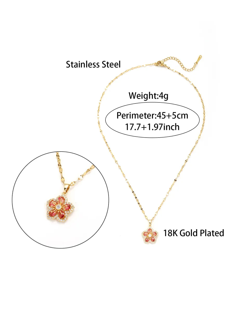 Elegant Glam Luxurious Flower Stainless Steel Plating Inlay Zircon 18k Gold Plated Pendant Necklace