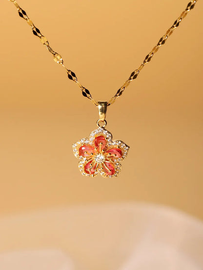 Elegant Glam Luxurious Flower Stainless Steel Plating Inlay Zircon 18k Gold Plated Pendant Necklace