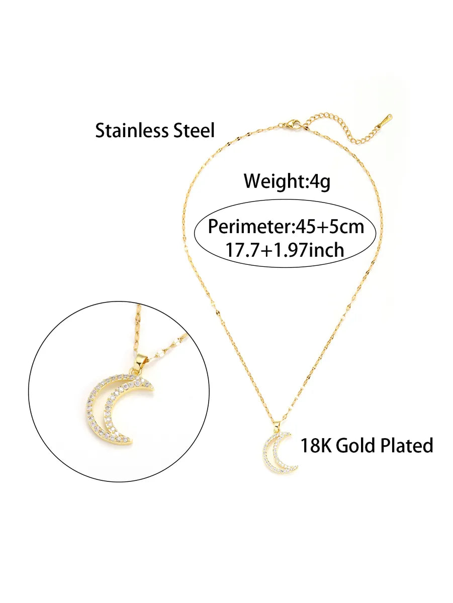 Elegant Glam Luxurious Moon Stainless Steel Plating Hollow Out Inlay Zircon 18k Gold Plated Pendant Necklace