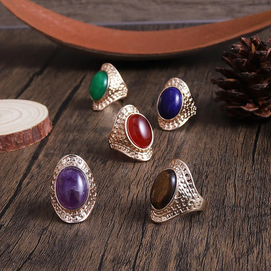 Elegant Glam Oval Alloy Plating Inlay Natural Stone 18k Gold Plated Women's Wide Band Rings Rings