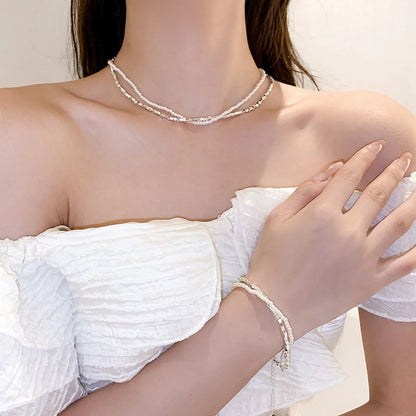 Elegant Glam Shiny Geometric Imitation Pearl Copper Beaded Layered Bracelets Necklace