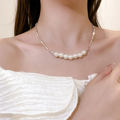 Elegant Glam Shiny Geometric Imitation Pearl Copper Beaded Layered Bracelets Necklace