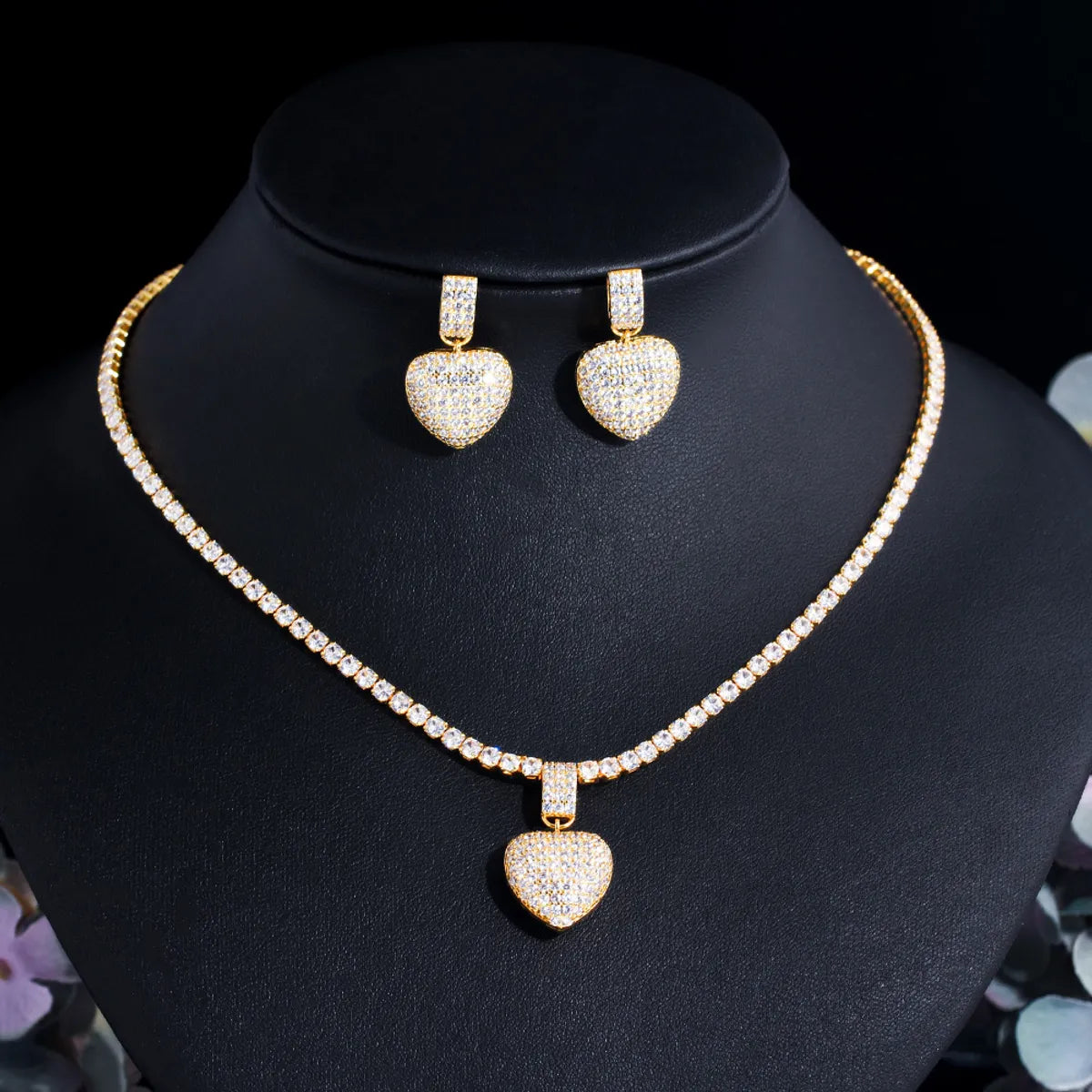 Copper 18K Gold Plated White Gold Plated Rhodium Plated Elegant Glam Shiny Plating Inlay Heart Shape Artificial Gemstones Earrings Necklace