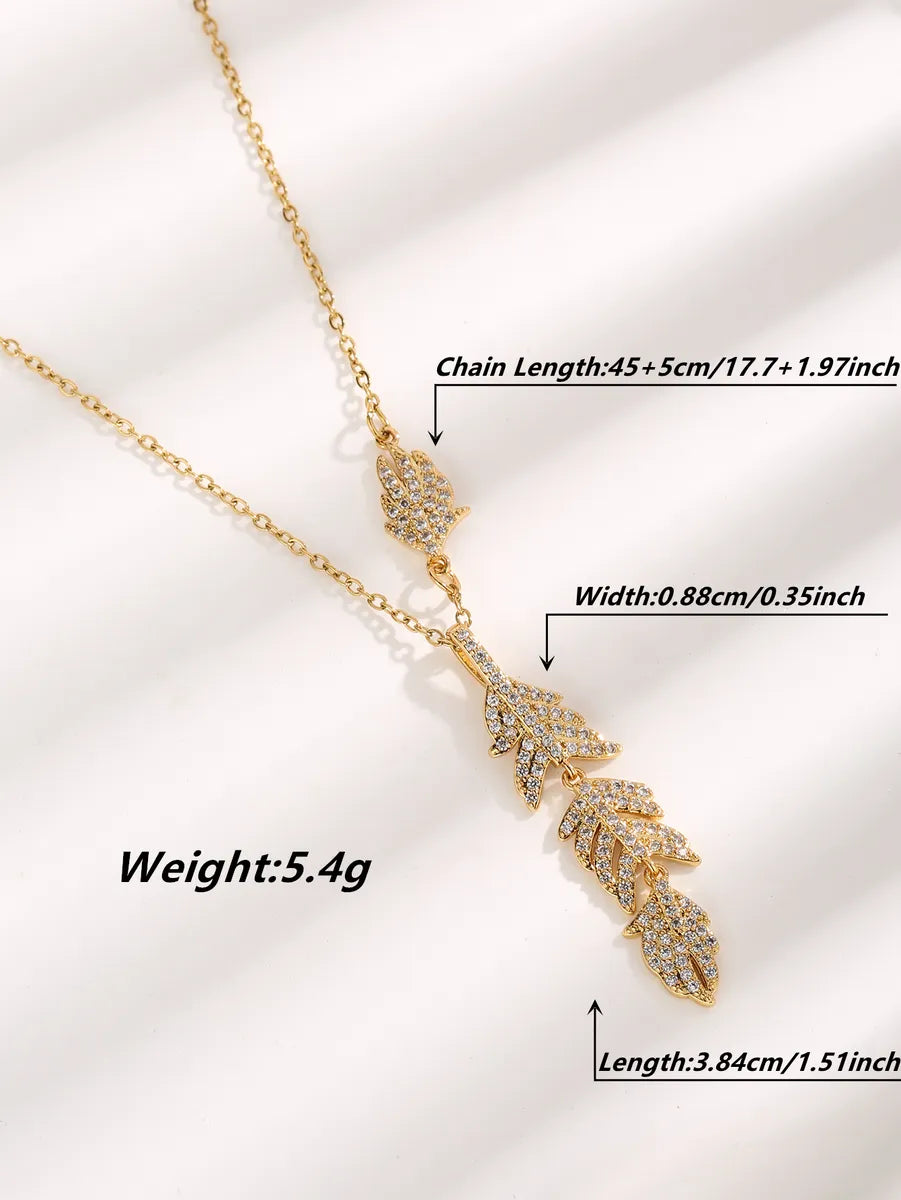 Elegant Glam Simple Style Leaves Water Droplets Solid Color Titanium Steel Plating Inlay Zircon Gold Plated Pendant Necklace