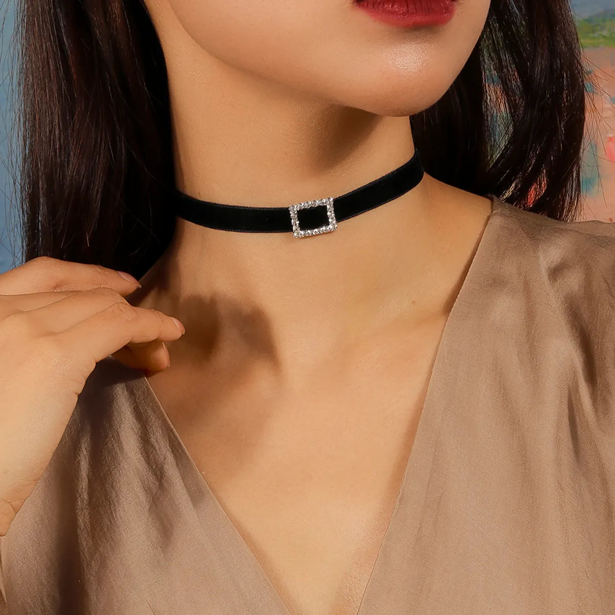 Elegant Glam Solid Color Velvet Zinc Alloy Inlay Rhinestones Women's Choker