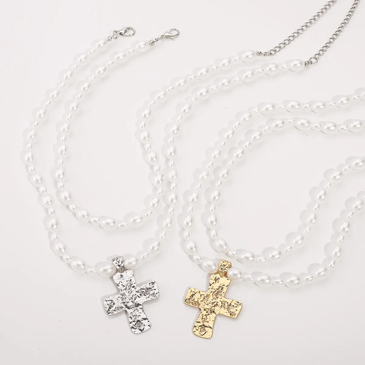 Elegant Glam Streetwear Cross Imitation Pearl Alloy Wholesale Double Layer Necklaces