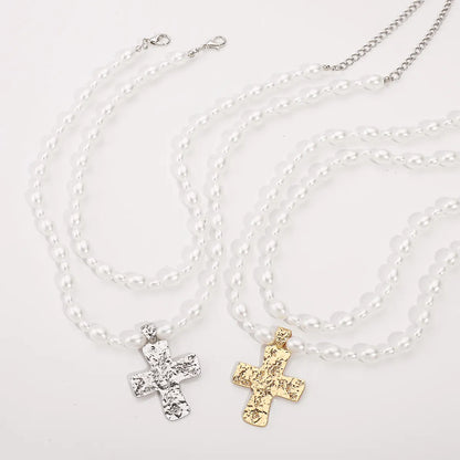 Elegant Glam Streetwear Cross Imitation Pearl Alloy Wholesale Double Layer Necklaces