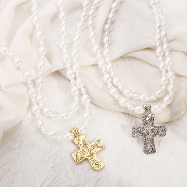 Elegant Glam Streetwear Cross Imitation Pearl Alloy Wholesale Double Layer Necklaces