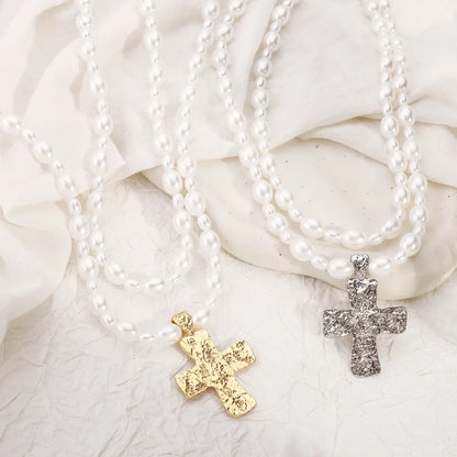 Elegant Glam Streetwear Cross Imitation Pearl Alloy Wholesale Double Layer Necklaces