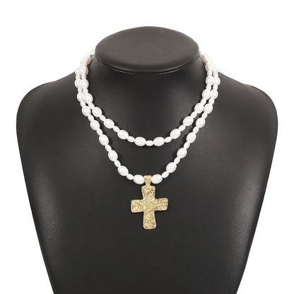 Elegant Glam Streetwear Cross Imitation Pearl Alloy Wholesale Double Layer Necklaces