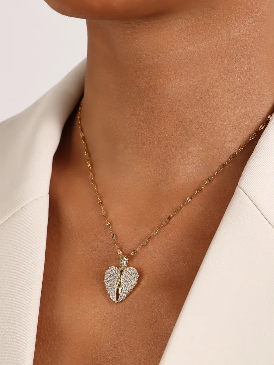 Elegant Glam Sweet Heart Shape Wings Stainless Steel Plating Inlay Zircon 18k Gold Plated Pendant Necklace