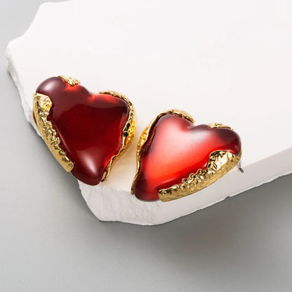 Elegant Heart Shape Alloy Resin Inlay Resin Rhinestones Gold Plated Women's Earrings Ear Studs