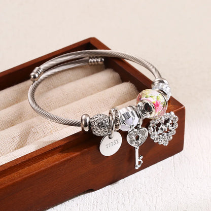 Elegant Heart Shape Bee Key Stainless Steel Alloy Beaded Inlay Rhinestones Women's Bangle