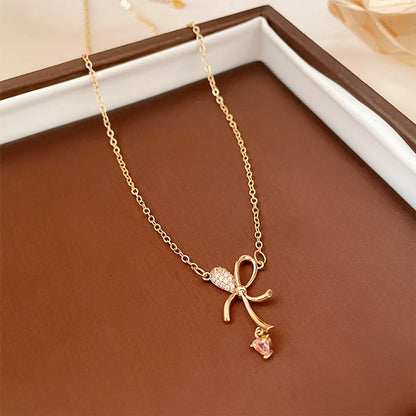 Elegant Heart Shape Bow Knot Copper Inlay Zircon Pendant Necklace