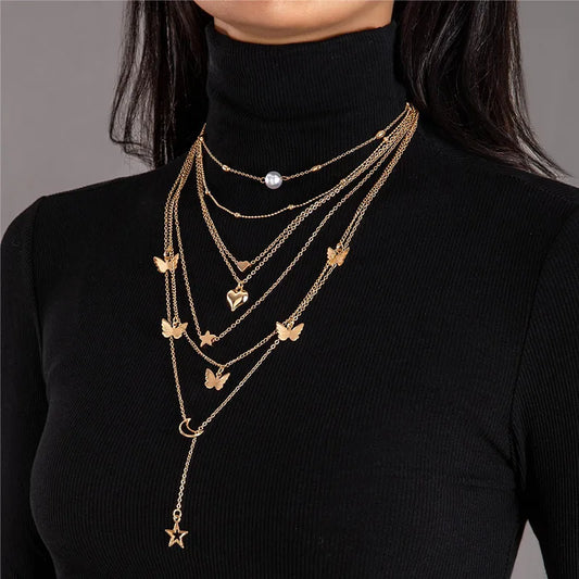 Elegant Heart Shape Butterfly Alloy Layered Women'S Layered Necklaces