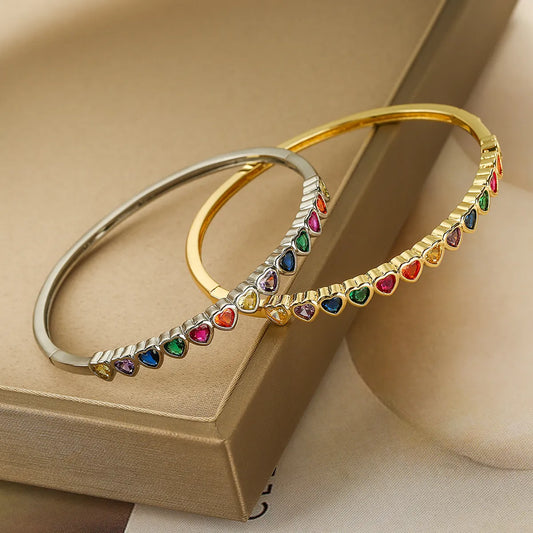 Elegant Heart Shape Copper Plating Inlay Zircon 18k Gold Plated Bangle