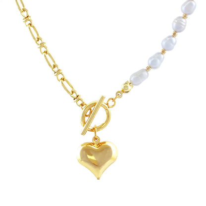 Elegant Heart Shape Freshwater Pearl Copper Toggle Beaded Plating 18k Gold Plated Pendant Necklace