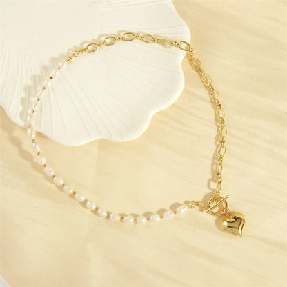 Elegant Heart Shape Freshwater Pearl Copper Toggle Beaded Plating 18k Gold Plated Pendant Necklace