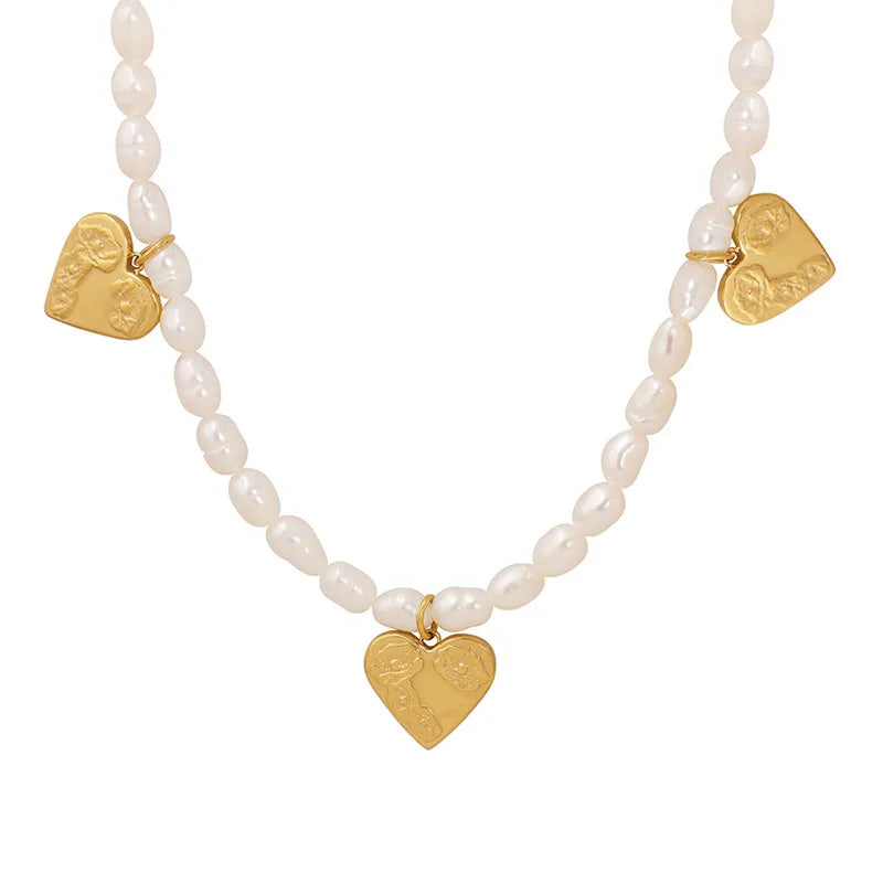 Elegant Heart Shape Freshwater Pearl Titanium Steel Beaded Necklace