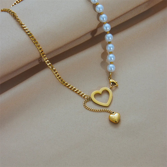 Elegant Heart Shape Imitation Pearl Titanium Steel Plating 18k Gold Plated Pendant Necklace