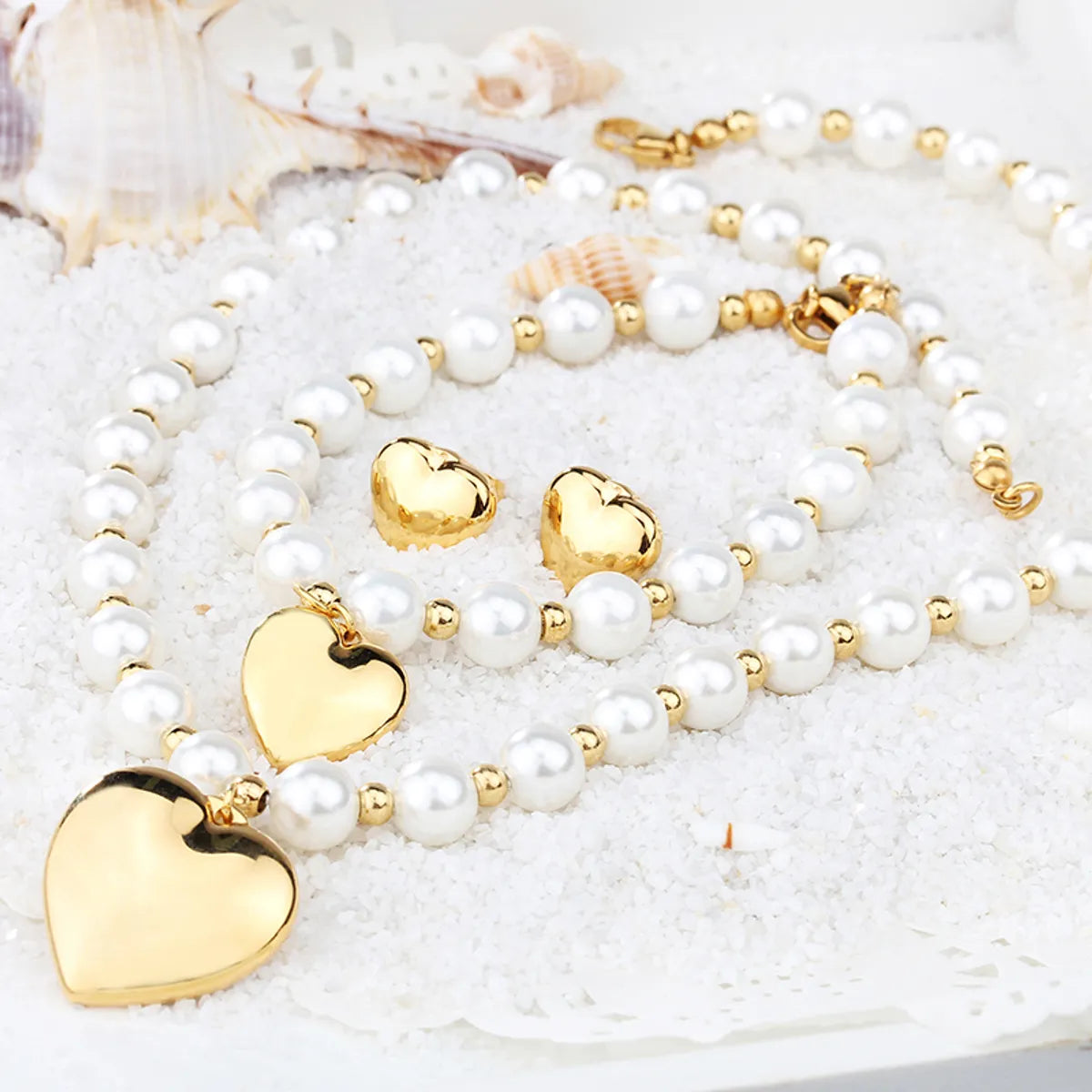 Elegant Heart Shape Stainless Steel Artificial Pearl Beaded Bracelets Earrings Necklace