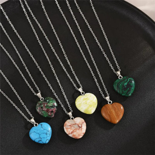 Elegant Heart Shape Stainless Steel Natural Stone Inlay Natural Stone Pendant Necklace