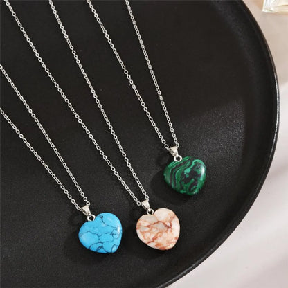 Elegant Heart Shape Stainless Steel Natural Stone Inlay Natural Stone Pendant Necklace