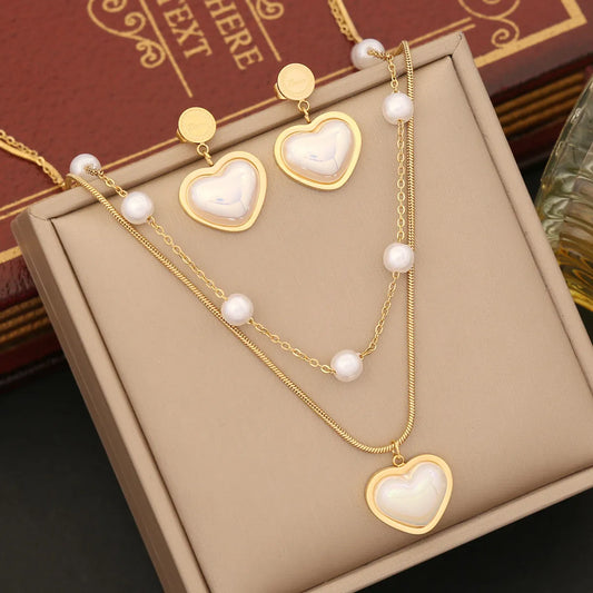 Elegant Heart Shape Stainless Steel Plating Inlay Pearl Bracelets Earrings Necklace