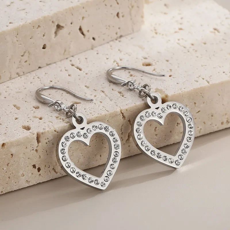 1 Pair Elegant Heart Shape Plating Inlay Stainless Steel Rhinestones 18K Gold Plated Drop Earrings