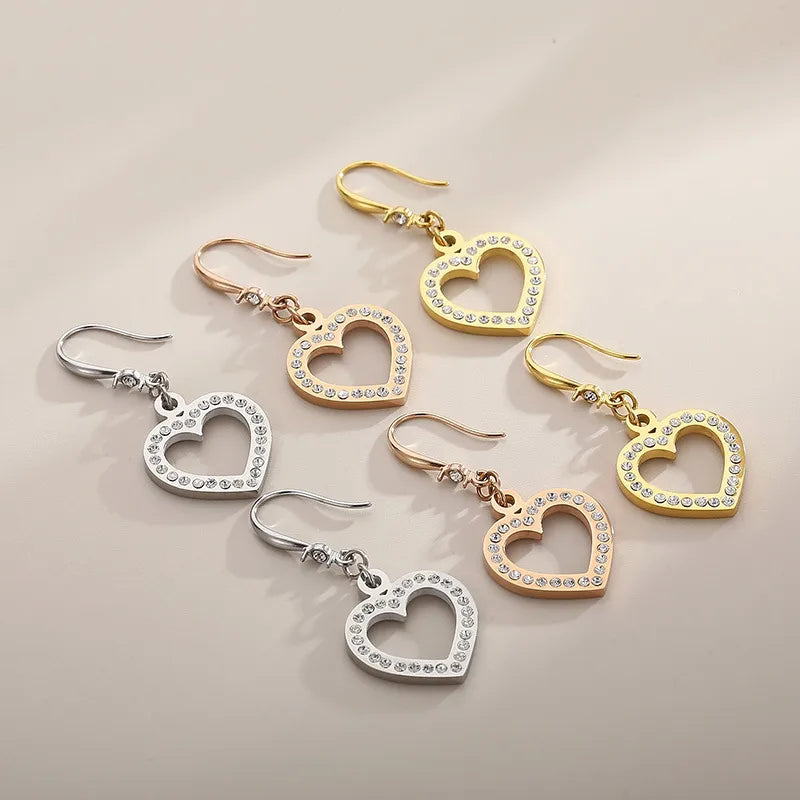 1 Pair Elegant Heart Shape Plating Inlay Stainless Steel Rhinestones 18K Gold Plated Drop Earrings