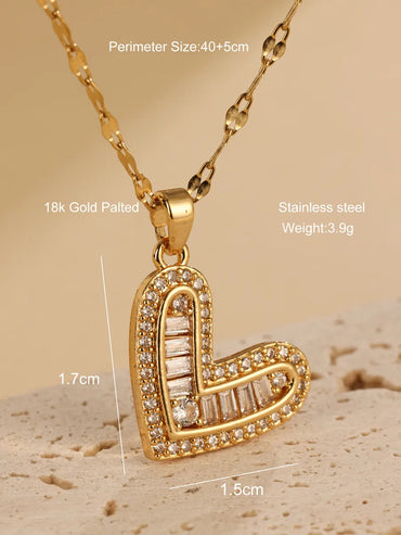 Elegant Heart Shape Stainless Steel Plating Inlay Zircon 18k Gold Plated Pendant Necklace