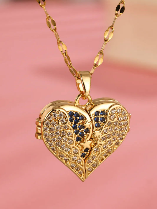 Elegant Heart Shape Stainless Steel Plating Inlay Zircon 18k Gold Plated Pendant Necklace