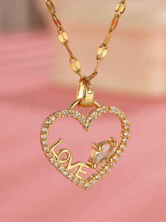 Elegant Heart Shape Stainless Steel Plating Inlay Zircon 18k Gold Plated Pendant Necklace