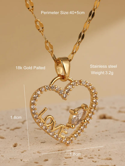 Elegant Heart Shape Stainless Steel Plating Inlay Zircon 18k Gold Plated Pendant Necklace