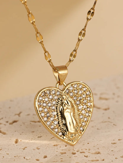 Elegant Heart Shape Stainless Steel Plating Inlay Zircon 18k Gold Plated Pendant Necklace