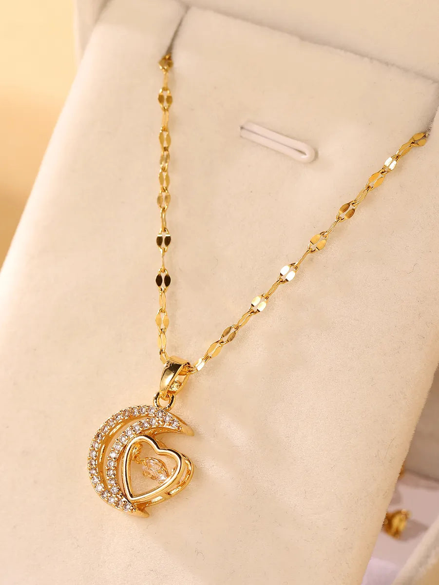 Elegant Heart Shape Stainless Steel Plating Zircon 18k Gold Plated Pendant Necklace