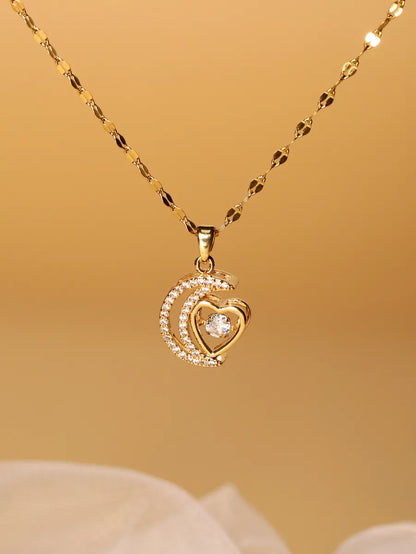 Elegant Heart Shape Stainless Steel Plating Zircon 18k Gold Plated Pendant Necklace