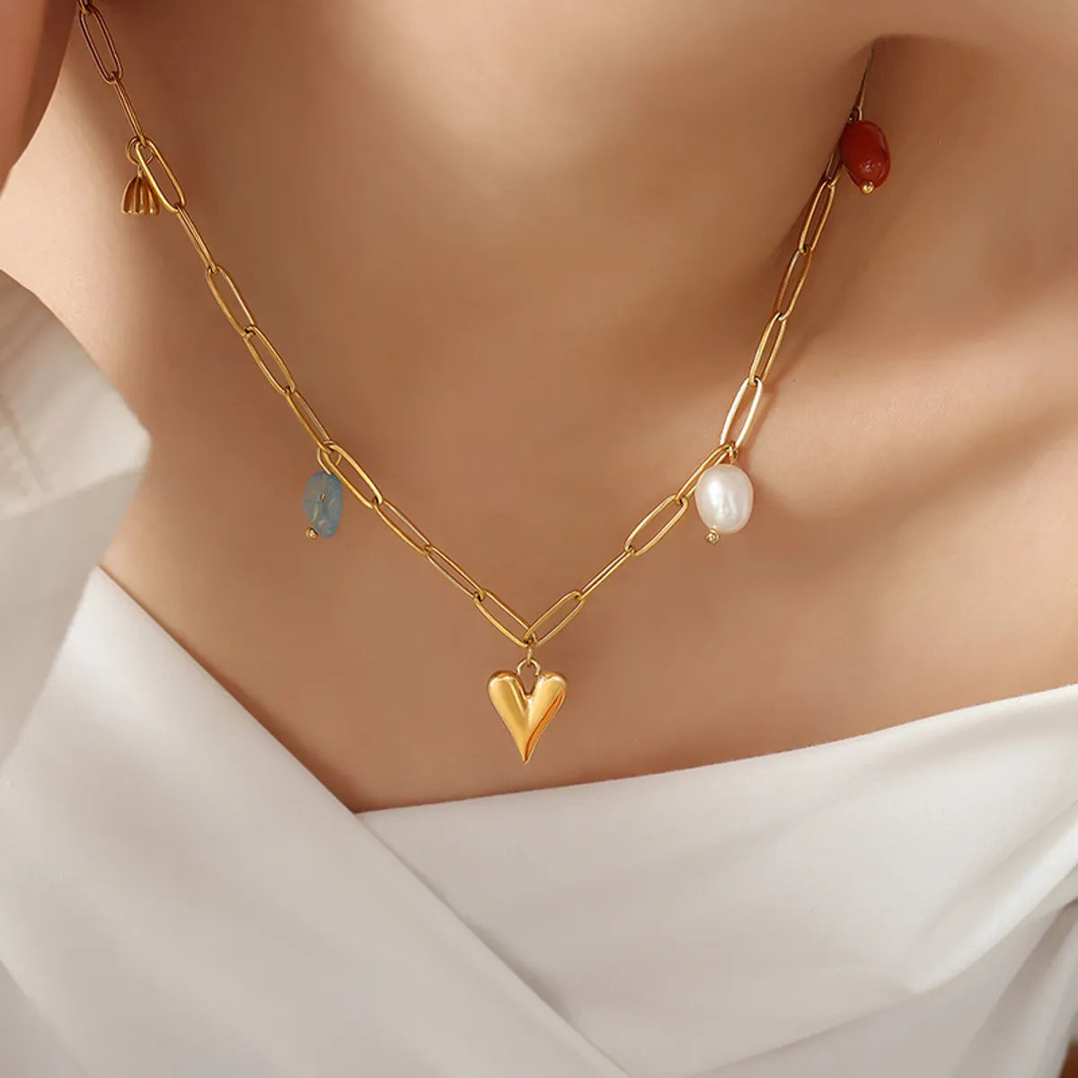 Elegant Heart Shape Titanium Steel Necklace Plating Artificial Pearls Natural Stone Stainless Steel Necklaces