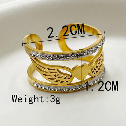 Elegant Heart Shape Wings Stainless Steel Plating Inlay Zircon Gold Plated Open Rings