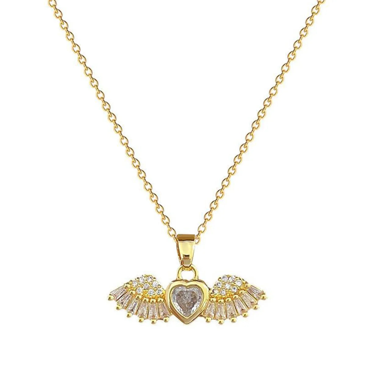 Stainless Steel Copper Lady Elegant Inlay Heart Shape Angel Wings Zircon Pendant Necklace