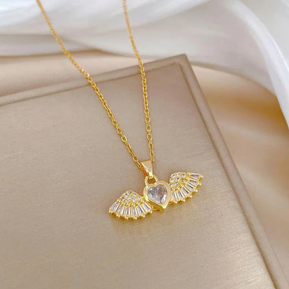 Stainless Steel Copper Lady Elegant Inlay Heart Shape Angel Wings Zircon Pendant Necklace