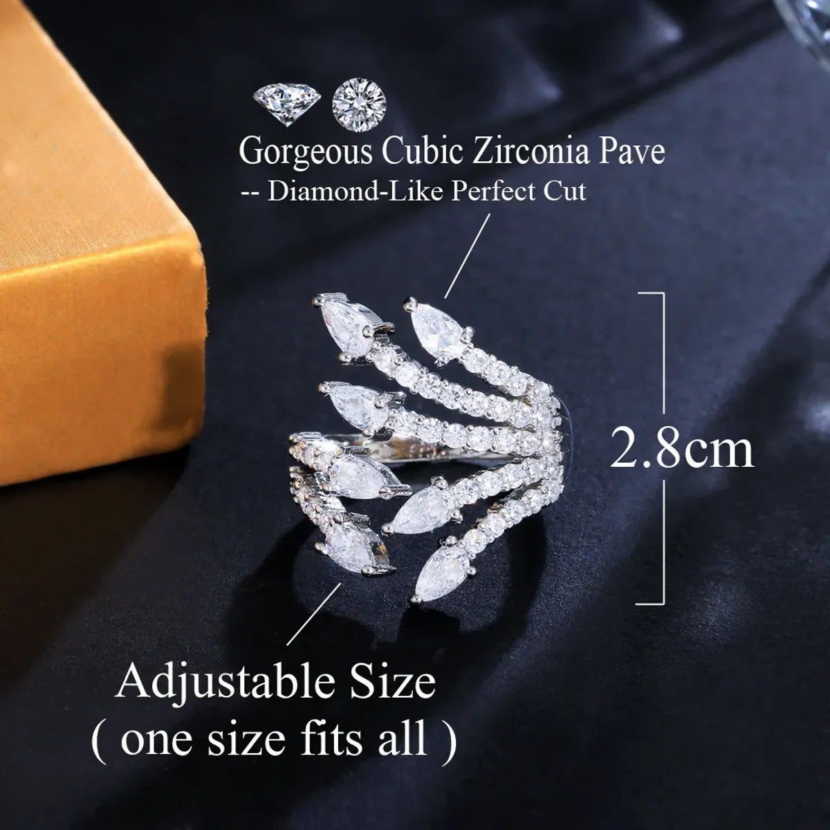 Elegant Lady Asymmetrical Wings Flower Copper Plating Inlay Artificial Gemstones White Gold Plated Rhodium Plated Rings