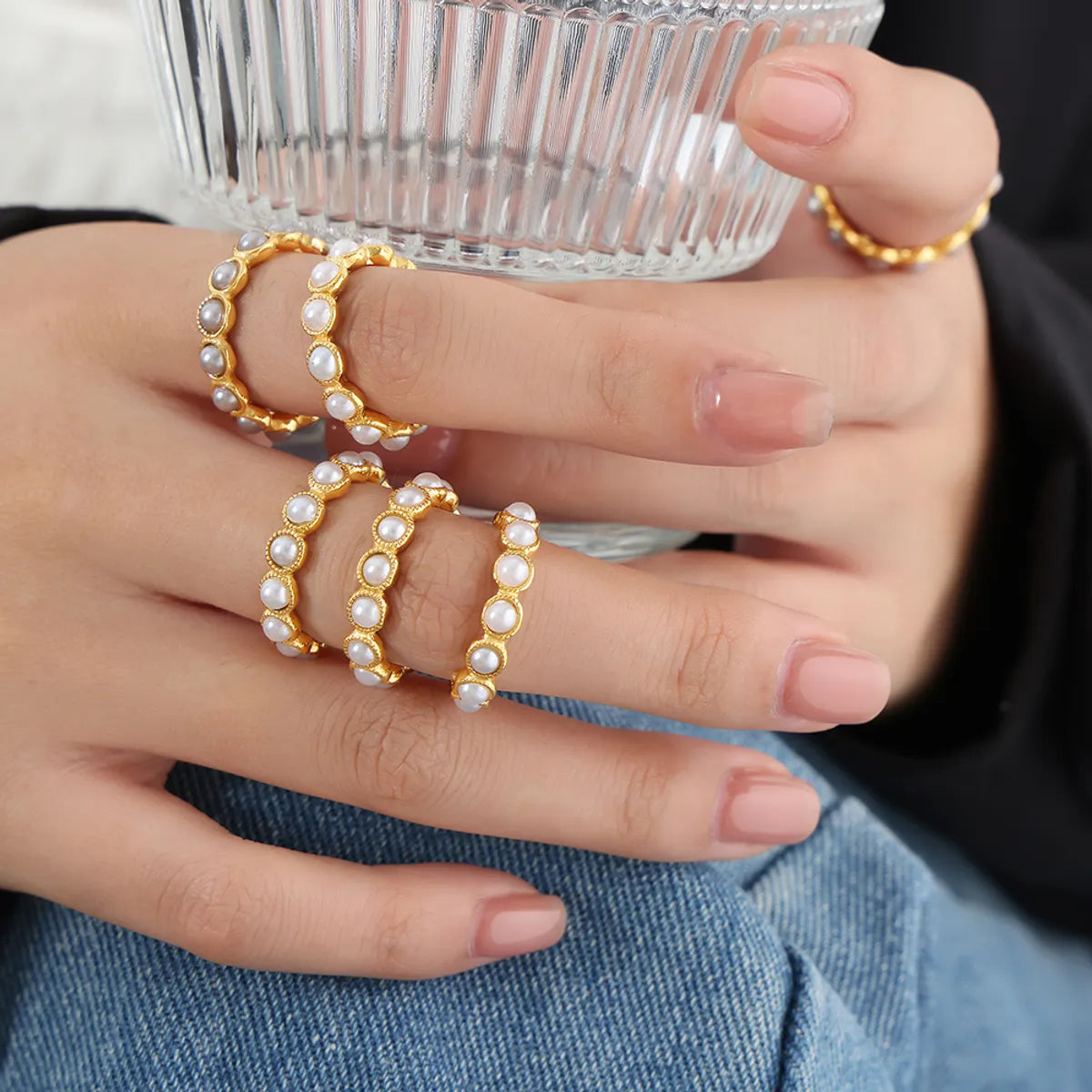 Elegant Lady Baroque Style Geometric Titanium Steel Plating Inlay Artificial Pearls 18k Gold Plated Rings