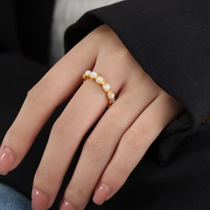 Elegant Lady Baroque Style Geometric Titanium Steel Plating Inlay Artificial Pearls 18k Gold Plated Rings