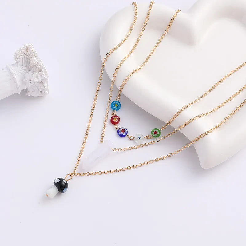 Elegant Lady Bohemian Geometric Mushroom Alloy Glass Plating Women'S Three Layer Necklace