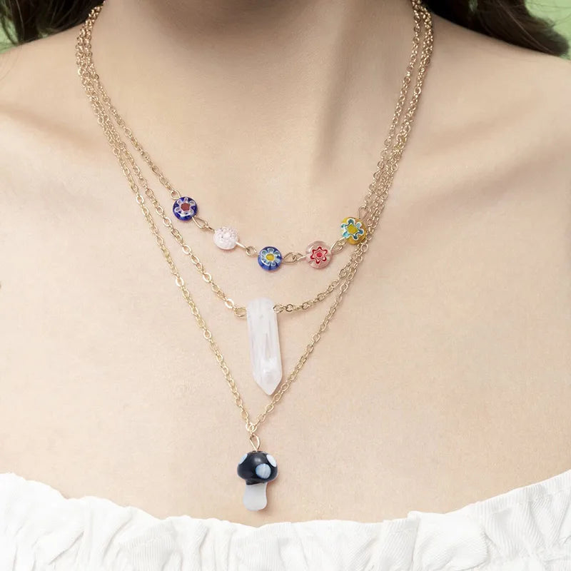 Elegant Lady Bohemian Geometric Mushroom Alloy Glass Plating Women'S Three Layer Necklace