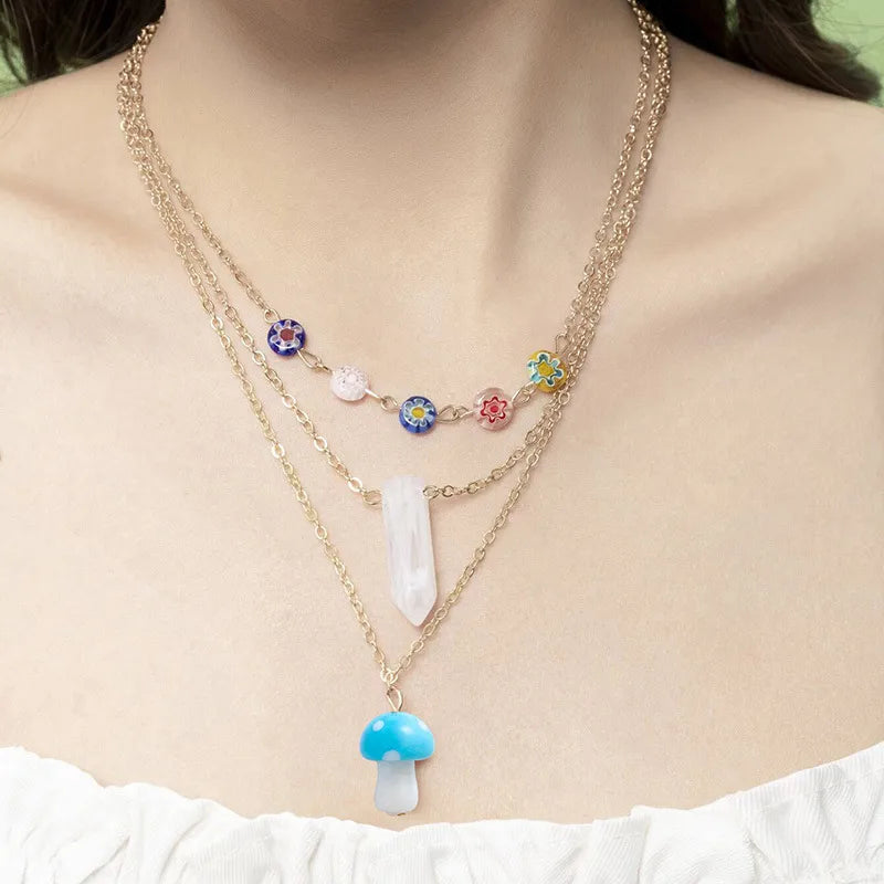 Elegant Lady Bohemian Geometric Mushroom Alloy Glass Plating Women'S Three Layer Necklace