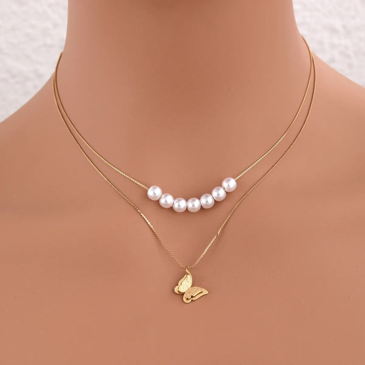 Elegant Lady Classic Style Butterfly Imitation Pearl Plating 18K Gold Plated Women'S Double Layer Necklaces